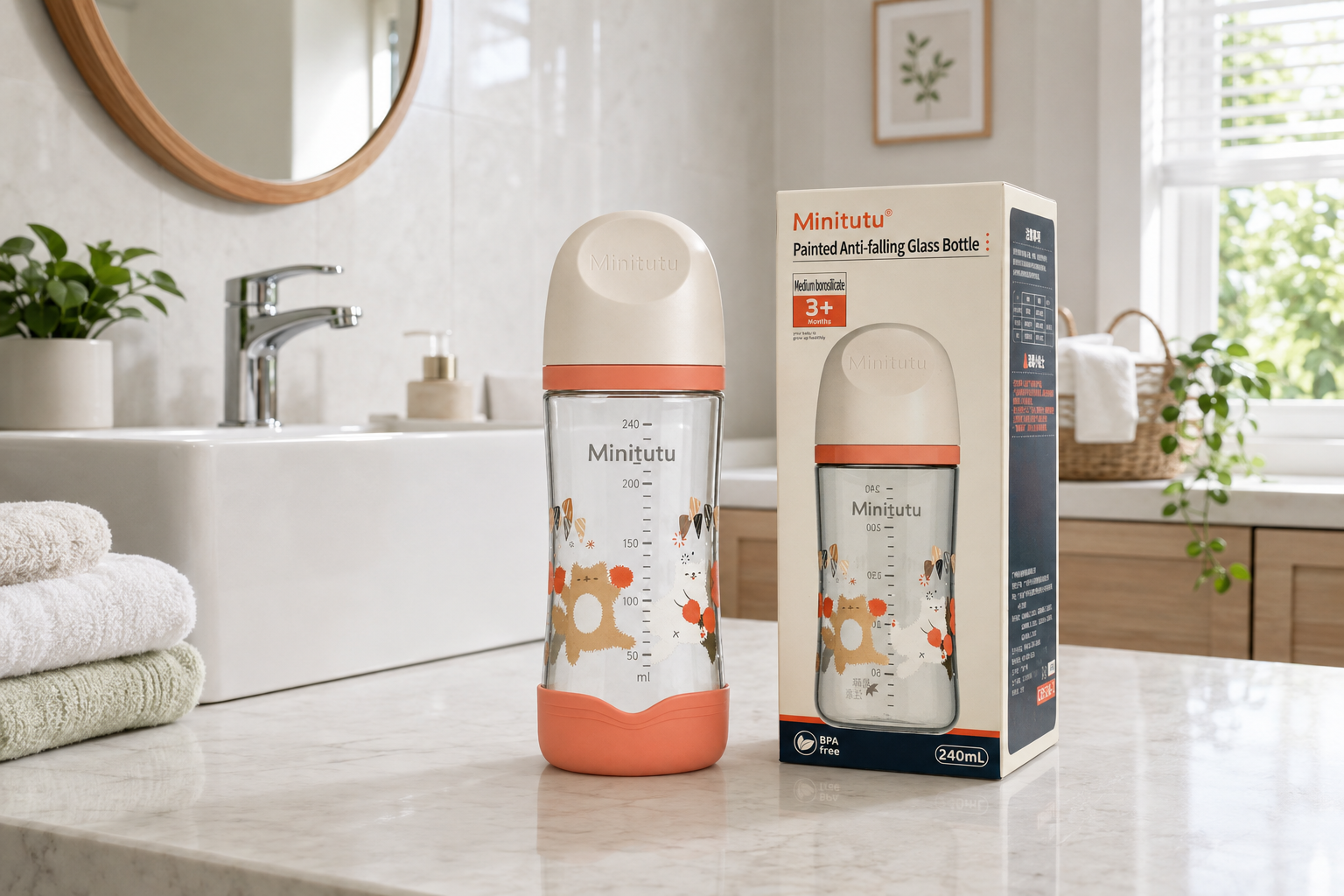 Minitutu Anti-Falling Borosilicate Glass Feeding Bottle 240ml CB526-1 – 3+ Months